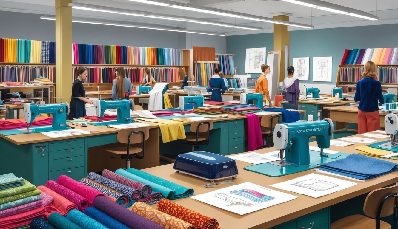 A bustling studio filled with colorful fabrics, sewing machines, and design sketches at the Royal College of Art's top textile design program