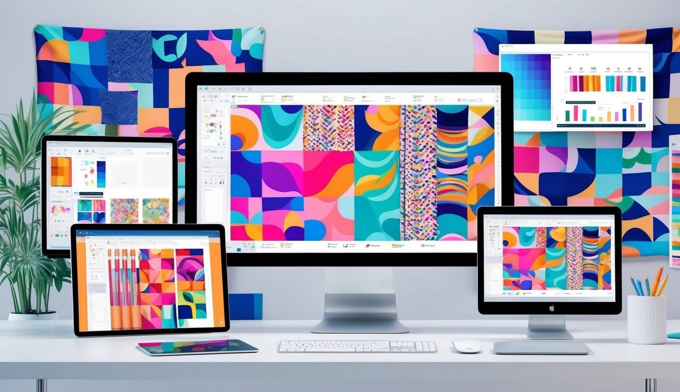 A colorful array of textile design software on a sleek, modern computer screen.</p><p>Bright, dynamic patterns and tools fill the interface