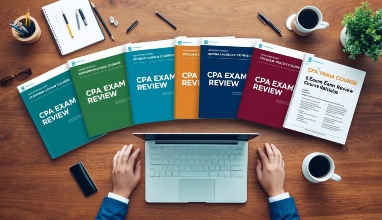 CPA exam review books, laptop, and coffee on a wooden desk