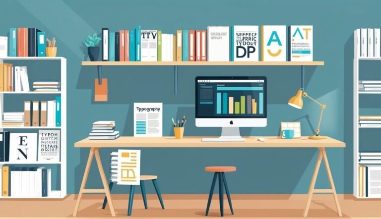 Illustration of a workspace with a computer, books, and a desk lamp