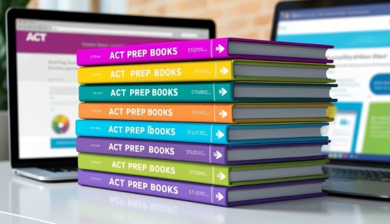 Stack of colorful ACT prep books with laptops in background