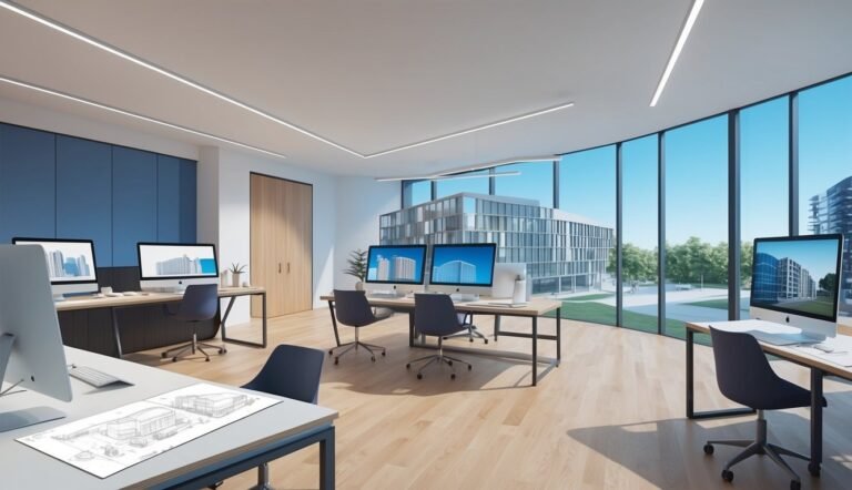 Modern office interior with desks, computers, and large windows overlooking buildings