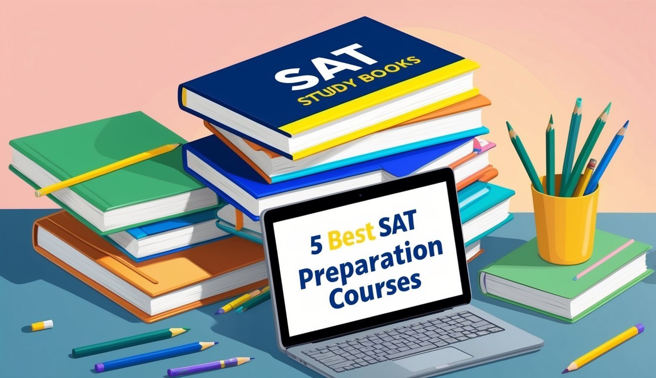 A stack of SAT study books surrounded by pencils and notebooks, with a laptop open to a list of the "5 Best SAT preparation courses."