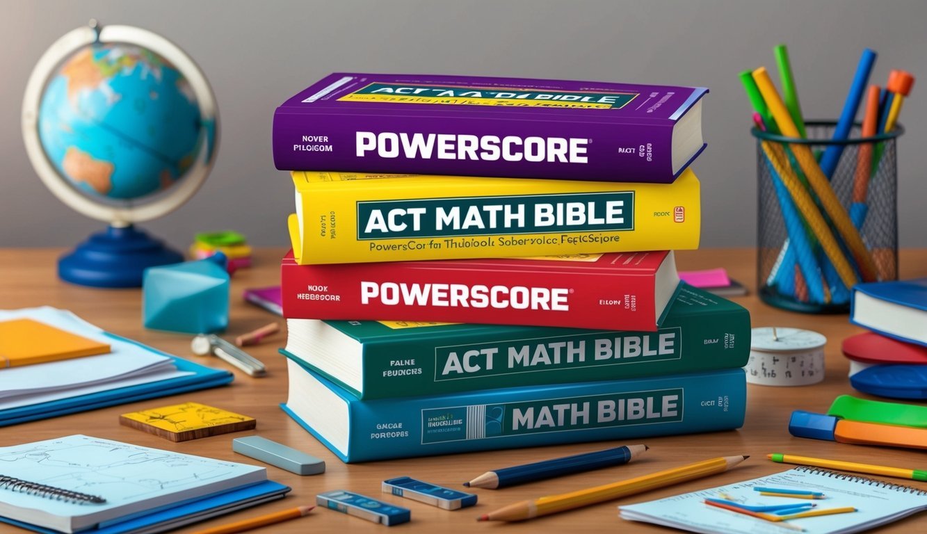 A stack of books with the title "PowerScore ACT Math Bible" surrounded by various math tools and study materials