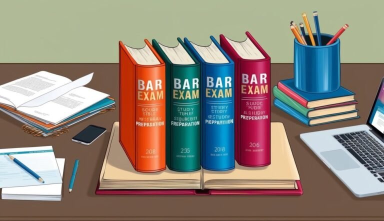 Four "Bar Exam" books, desk with laptop, papers, and pencils in a cup