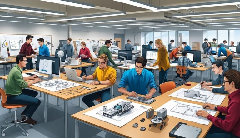 Engineers working in a bright office, designing with computers and blueprints