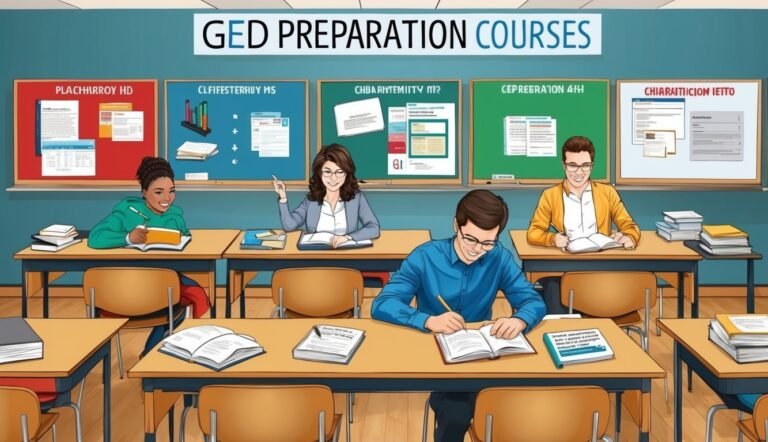 Students in a classroom studying for GED preparation courses, with posters on the wall