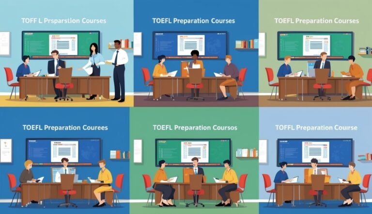 Six scenes of TOEFL preparation courses with people in classrooms