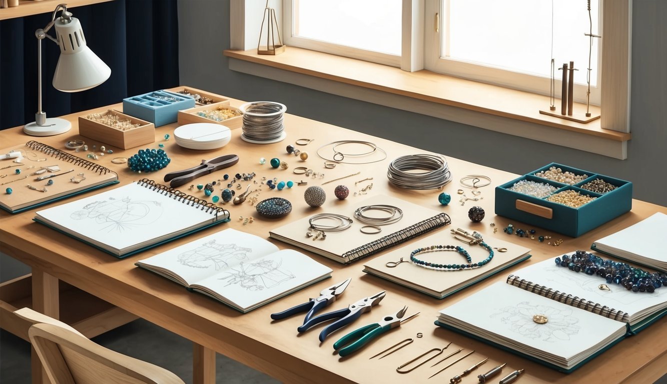 A table with various jewelry design tools and materials, including beads, wire, pliers, and sketchbooks, arranged neatly in a well-lit studio