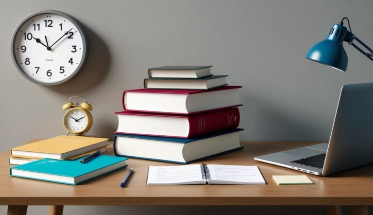 Desk with books, laptop, clock, and lamp, suggesting study or work