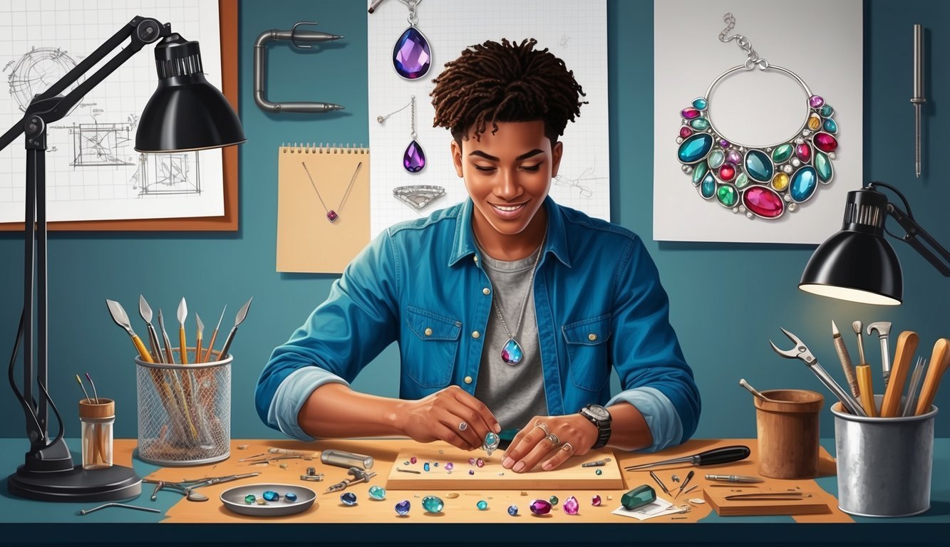 A student at a workbench, surrounded by gemstones, tools, and design sketches, creating a unique jewelry piece