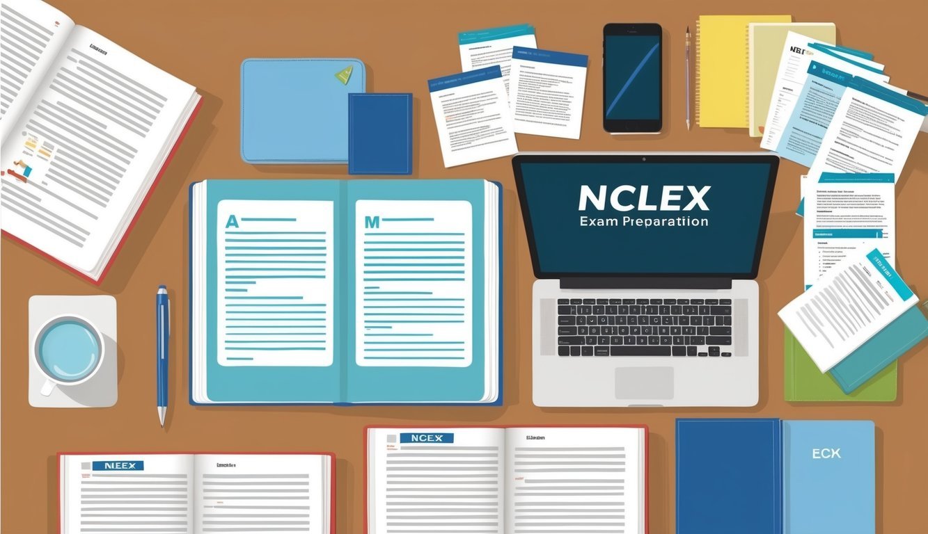 A desk with open books, a laptop, and study materials on NCLEX exam preparation