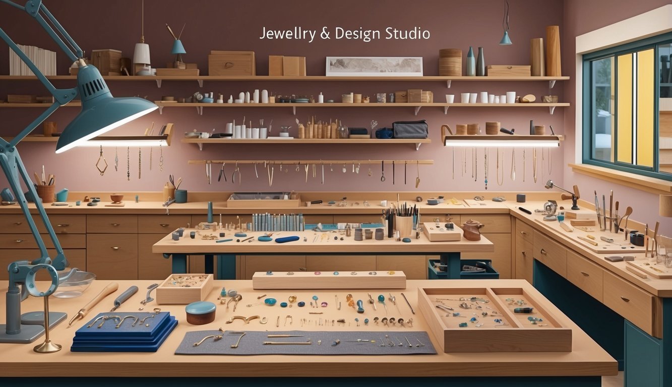 A jewelry design studio with various tools, materials, and finished pieces displayed on workbenches and shelves