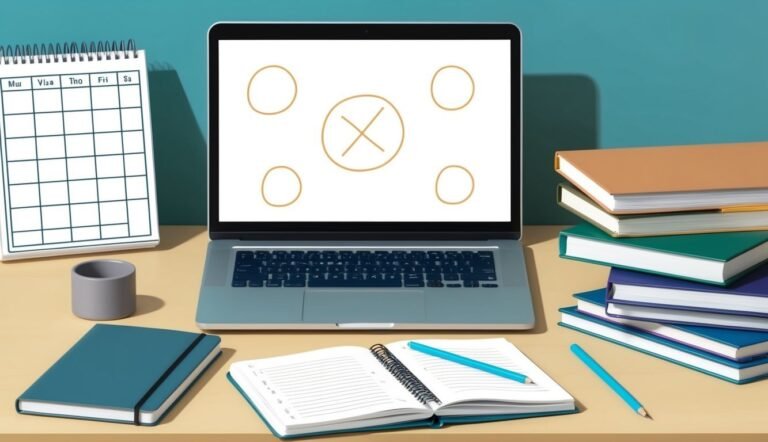 Laptop with circles and X on screen, books, calendar, and notebook