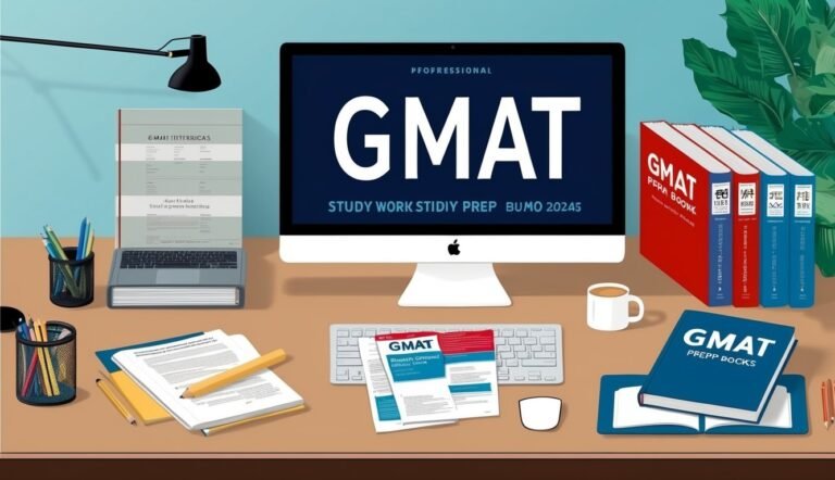 Desk with GMAT study materials, computer, books, and documents