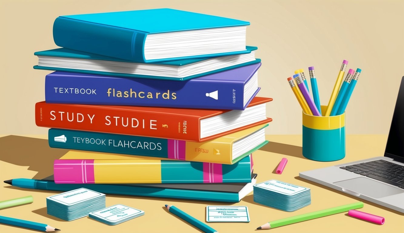 A stack of study materials, including textbooks, flashcards, and a laptop, surrounded by pencils and highlighters on a desk