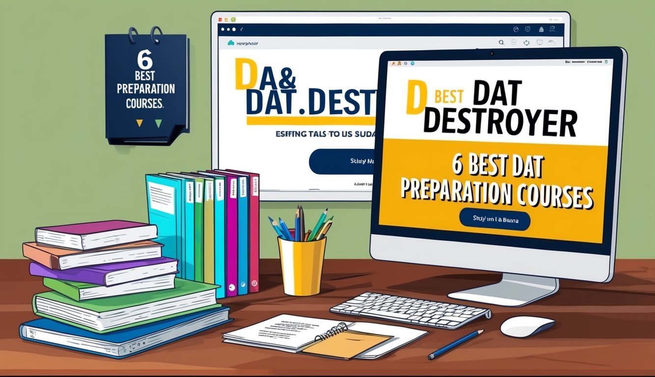 A desk with study materials and a computer displaying "DAT Destroyer 6 Best DAT preparation courses."