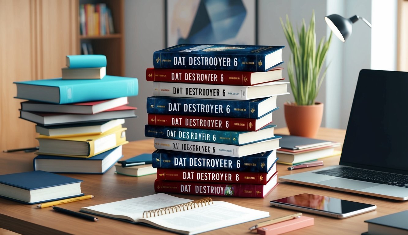 A stack of the DAT Destroyer 6 books surrounded by study materials and a laptop on a desk