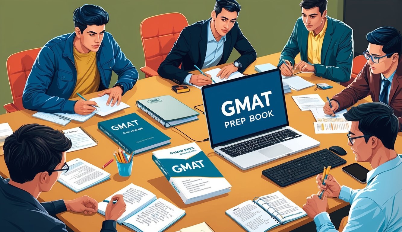 A desk with study materials, a computer, and a GMAT prep book surrounded by a group of students taking notes and discussing
