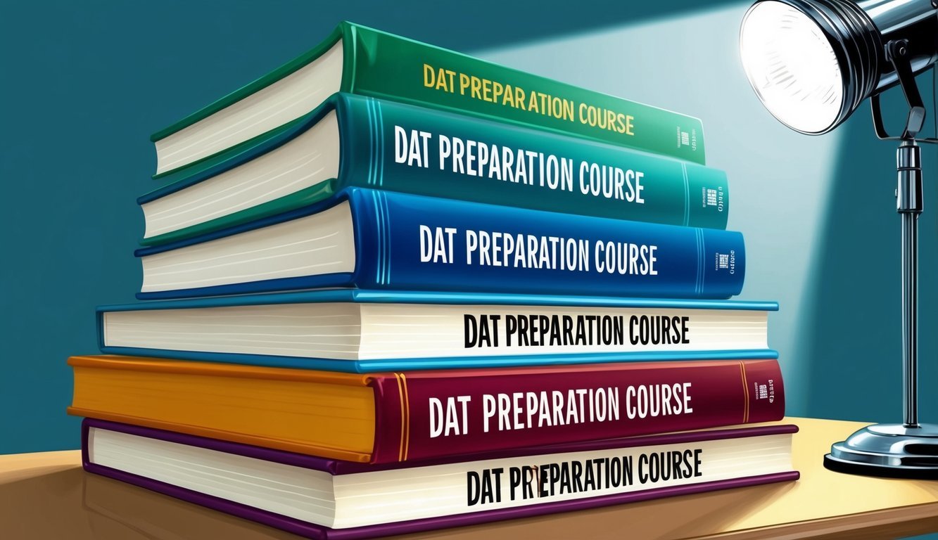 A stack of 6 books on a desk, each with a different cover featuring the title "DAT preparation course".</p><p>A spotlight shines on them