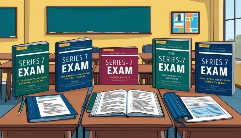 Classroom scene with "Series 7 Exam" books and open study materials on desks