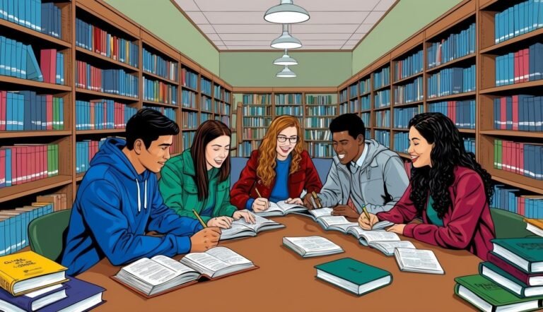Five students studying together at a library table, surrounded by bookshelves