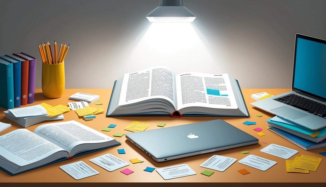 A desk with open books, a laptop, and study materials.</p><p>Flashcards and notes scattered around.</p><p>Bright light illuminates the organized chaos