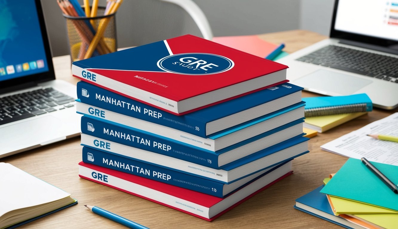 A stack of seven GRE study books with the Manhattan Prep logo on the cover, surrounded by study materials and a laptop