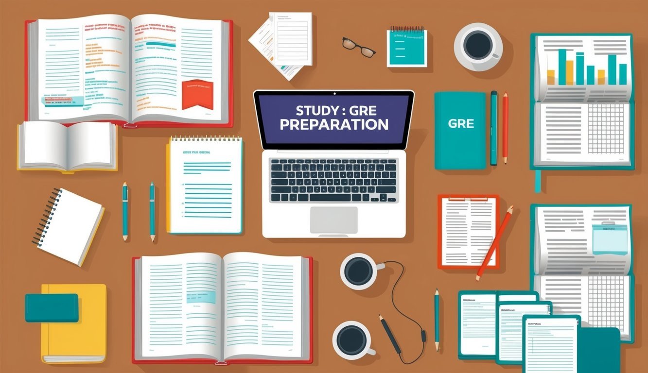 A desk with open books, a laptop, and study materials for GRE preparation