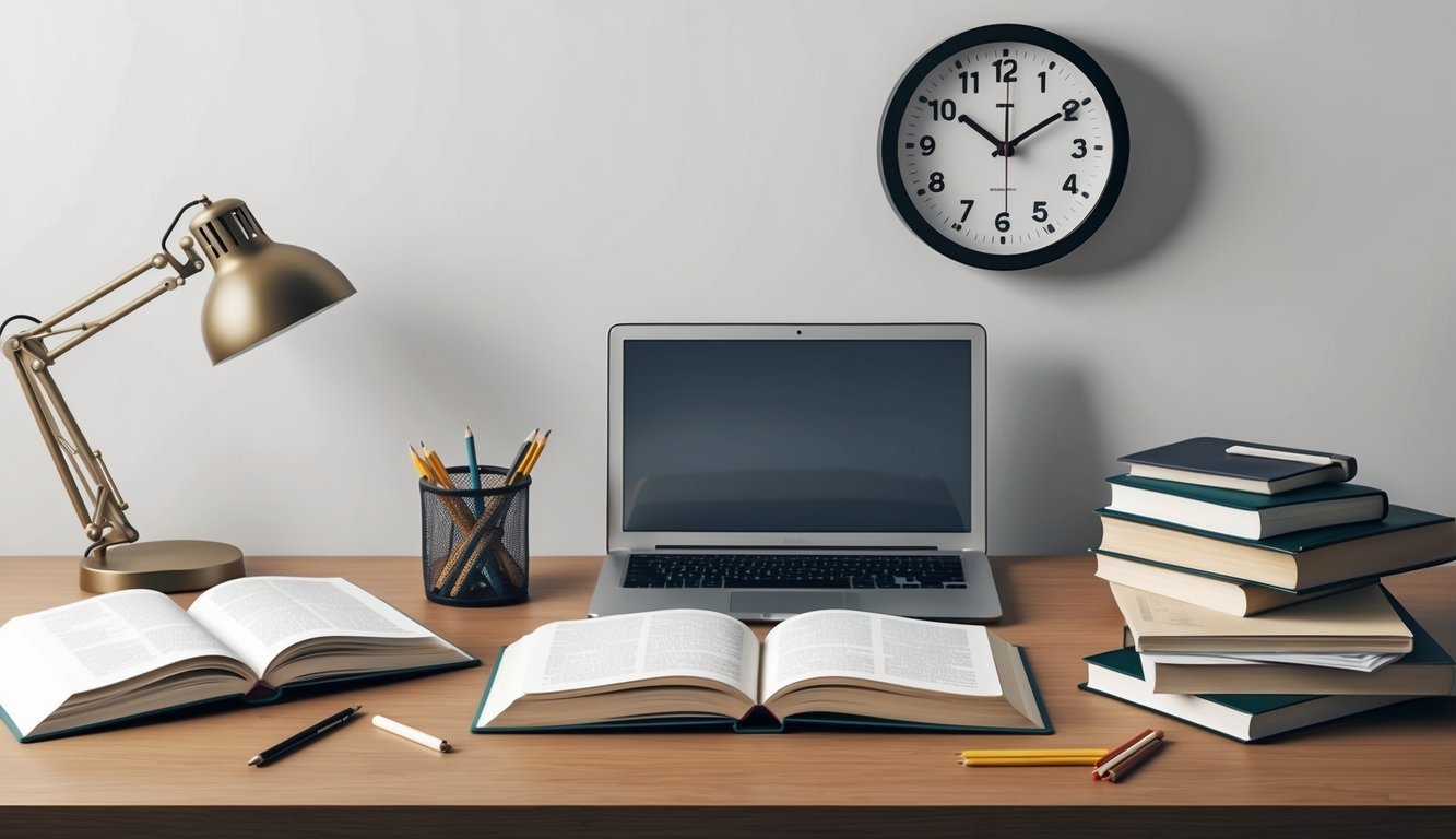 A desk with open books, a laptop, and study materials scattered around.</p><p>A clock on the wall shows the time