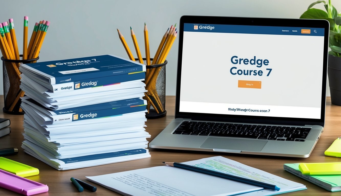 A stack of GREedge Course 7 study materials with a laptop open to the website, surrounded by pencils and highlighters on a desk