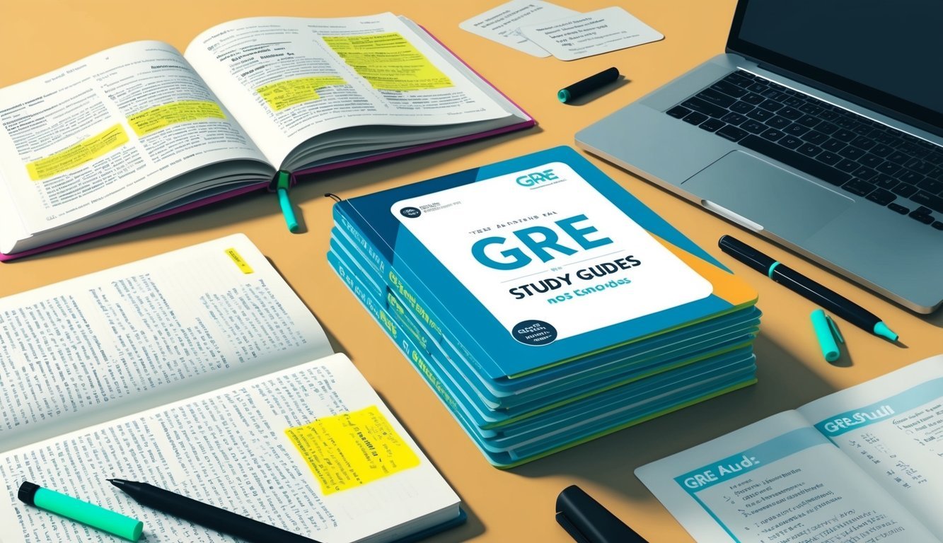 A desk with open books, notes, and a laptop.</p><p>Highlighters and pens scattered around.</p><p>A stack of GRE study guides and flashcards