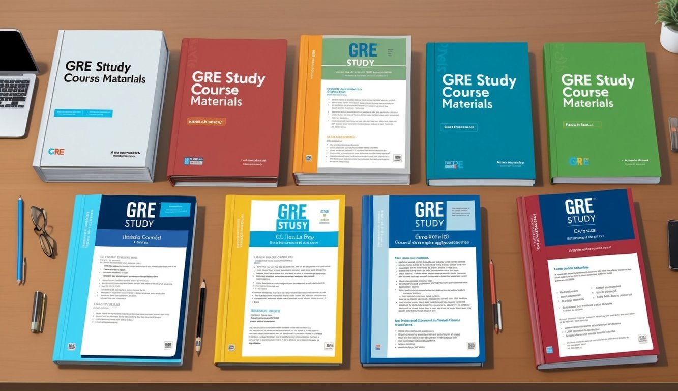 A desk with 7 different GRE study course materials laid out, each with distinct covers and study materials