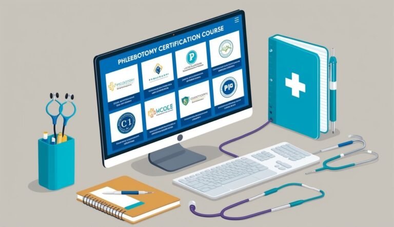 Computer screen with phlebotomy course, medical tools, and notepad