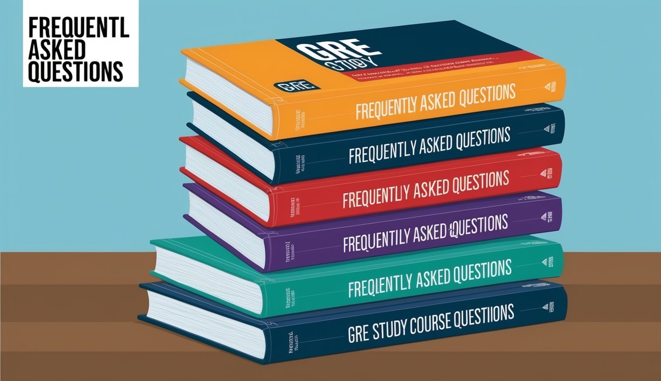 A stack of 7 GRE study course books with a "Frequently Asked Questions" header