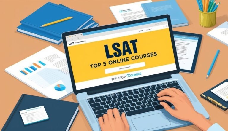 Laptop displaying "LSAT Top 5 Online Courses" surrounded by study materials