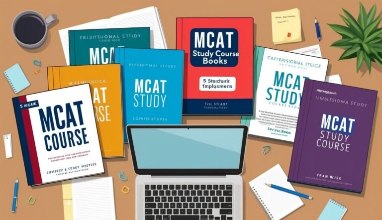 Laptop surrounded by MCAT study books, coffee, and study supplies