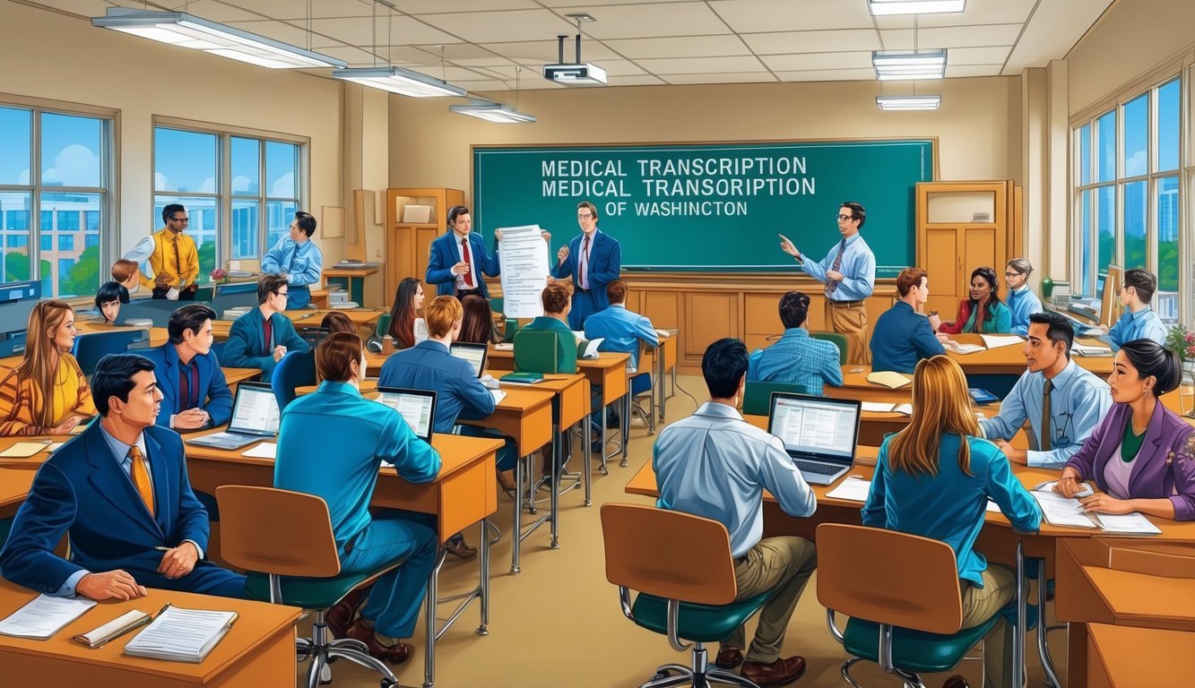 A bustling classroom with students and instructors discussing medical transcription at the University of Washington