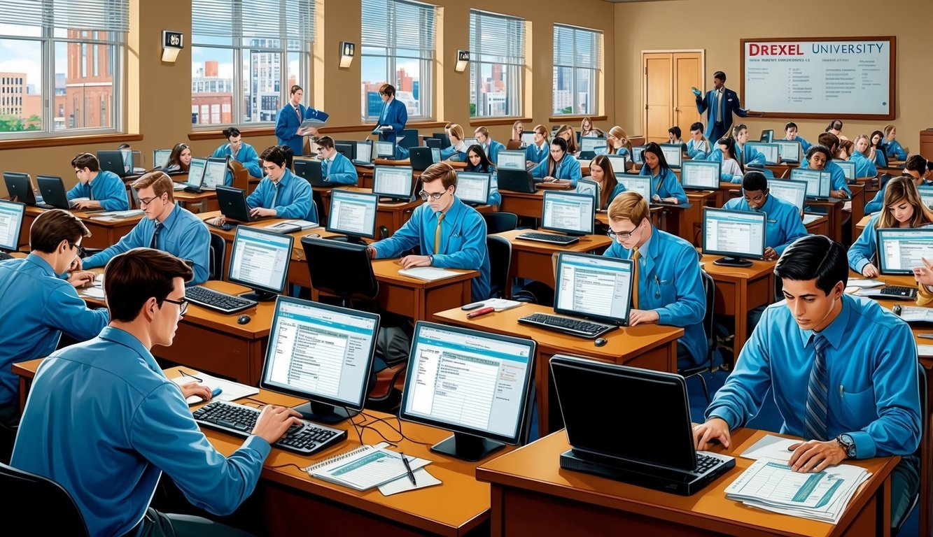 A bustling classroom at Drexel University, with students diligently transcribing medical records on their computers