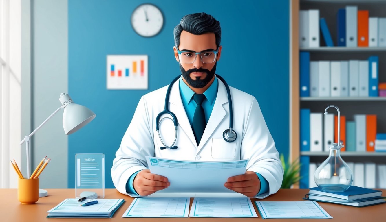 A doctor in a lab coat reviewing medical charts at a desk