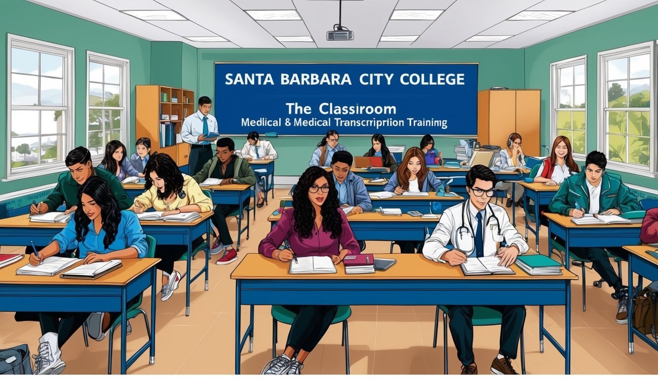 A bustling classroom at Santa Barbara City College, with students engaged in medical transcription training