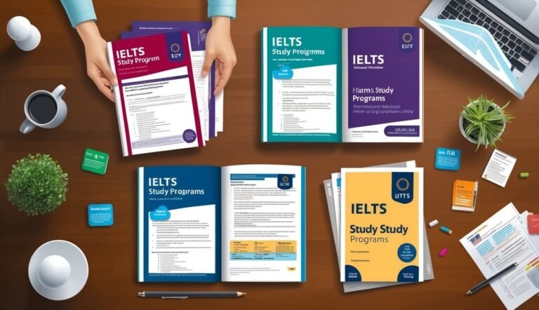 IELTS study program materials on a desk with a laptop and coffee