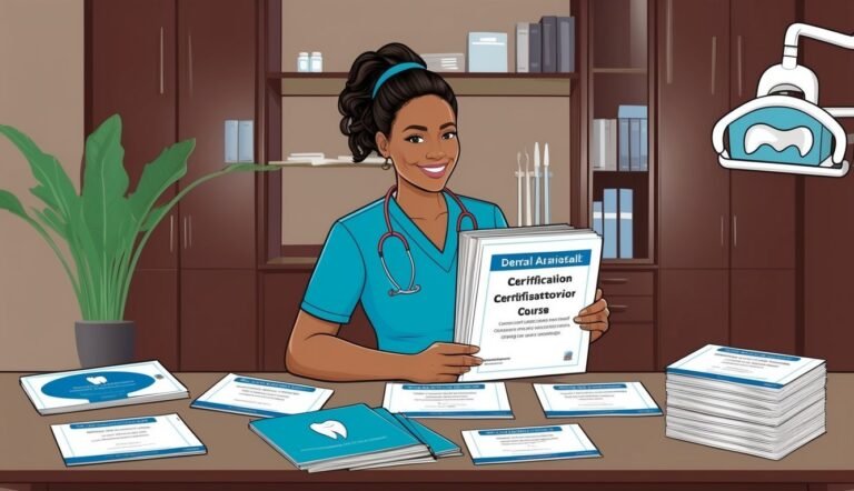 Smiling dental professional holding certification documents, surrounded by paperwork