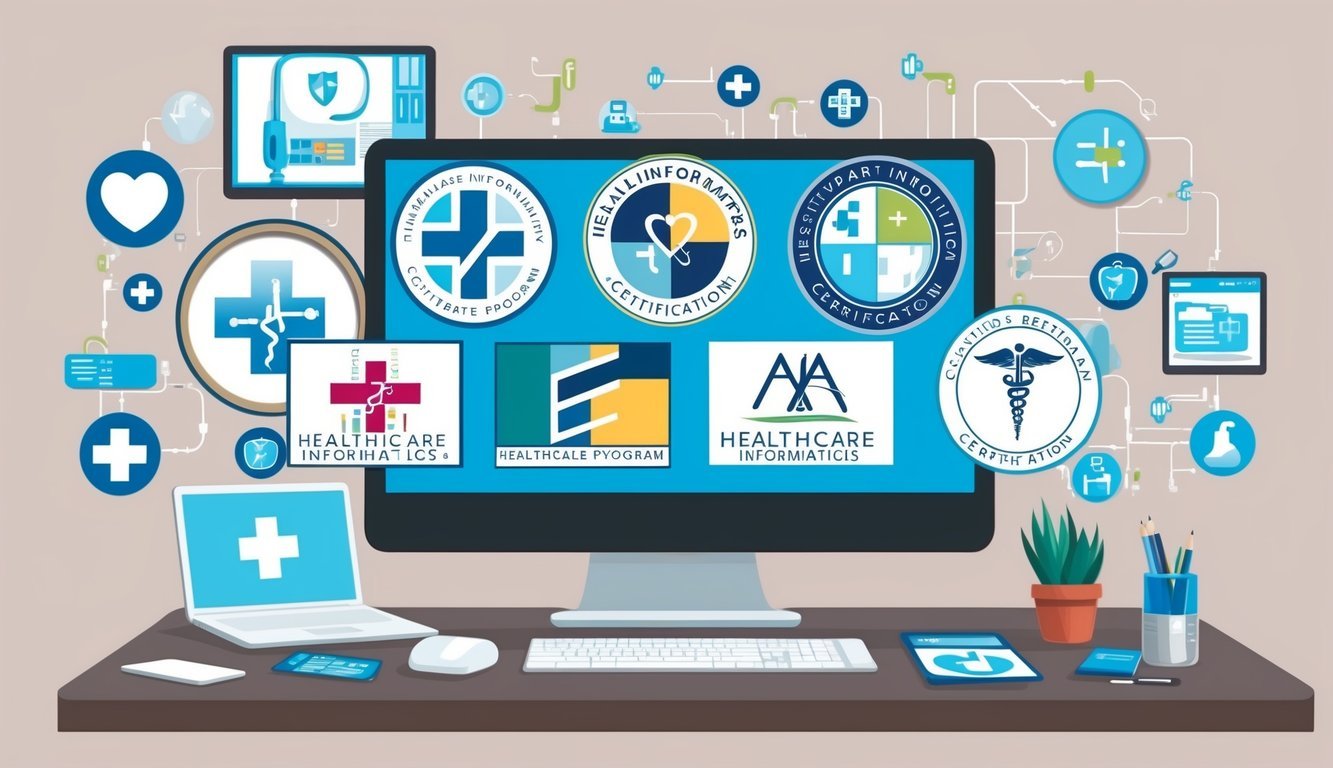 A group of five healthcare informatics certification program logos displayed on a computer screen, surrounded by various medical and technological icons