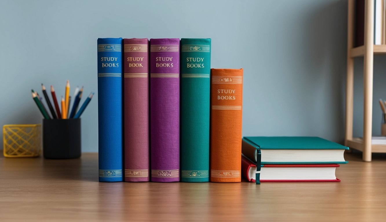 A row of six colorful study books arranged neatly on a desk