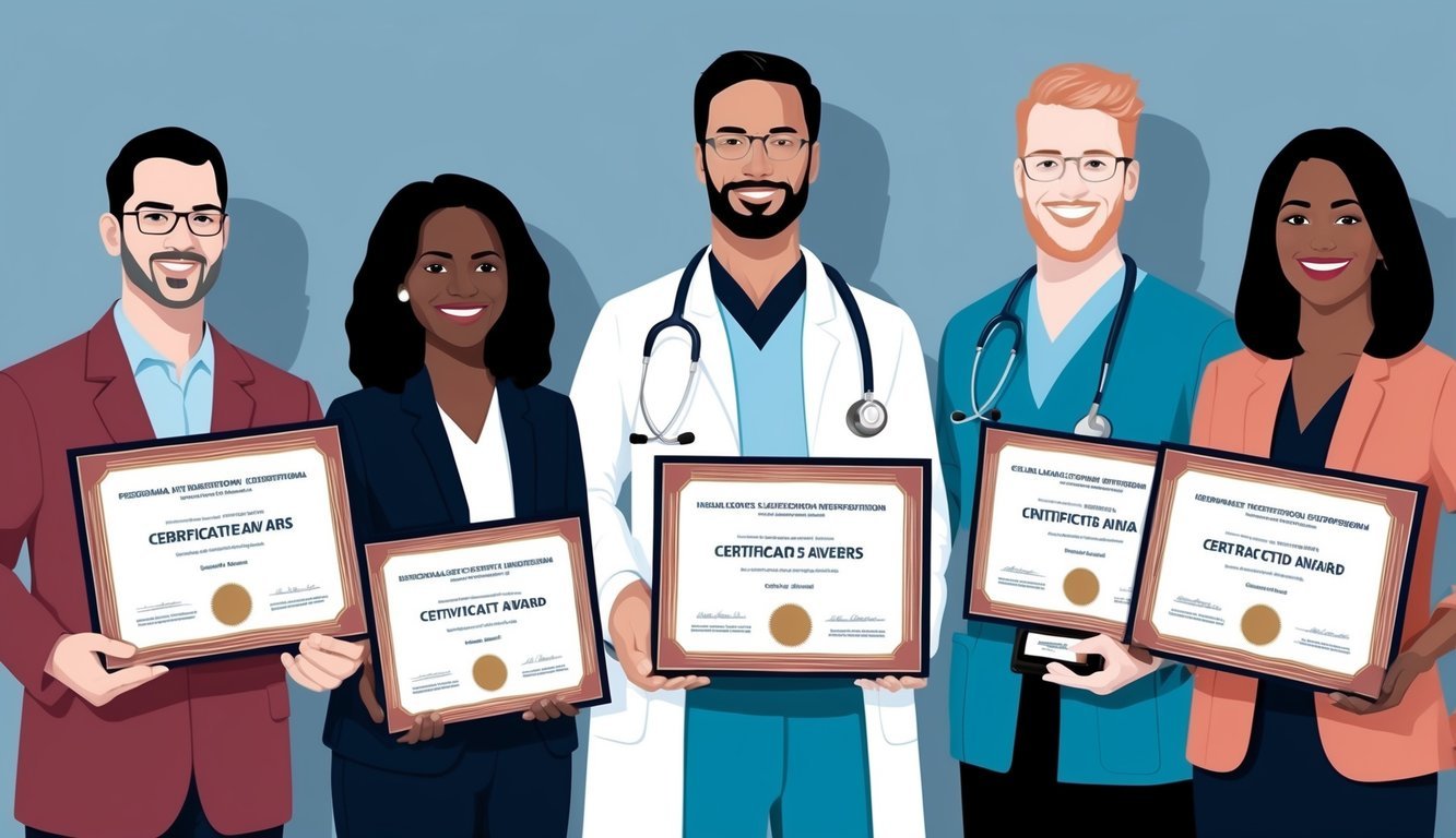 A group of five healthcare informatics professionals receiving certification awards