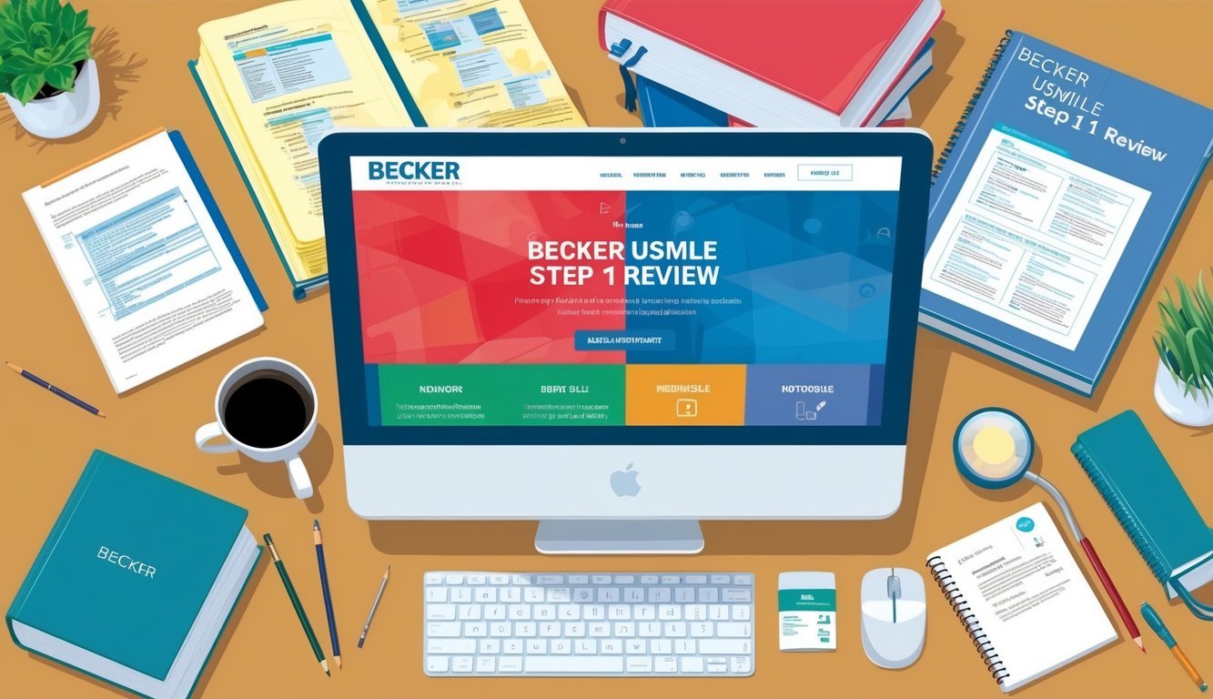 A desk with study materials and a computer showing the Becker USMLE Step 1 Review website, surrounded by medical textbooks and notes