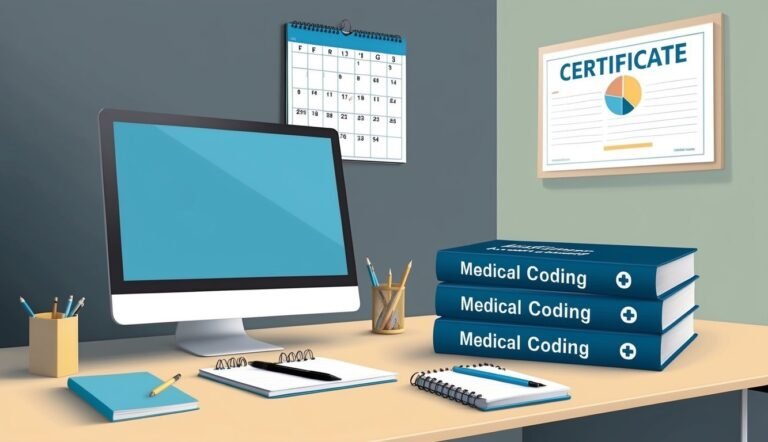 Desk with computer, medical coding books, certificate, and calendar