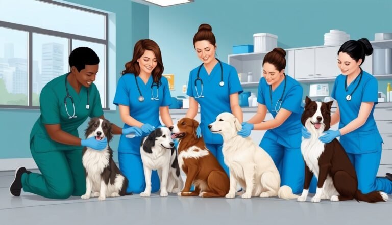 Veterinarians with stethoscopes and dogs in a veterinary clinic