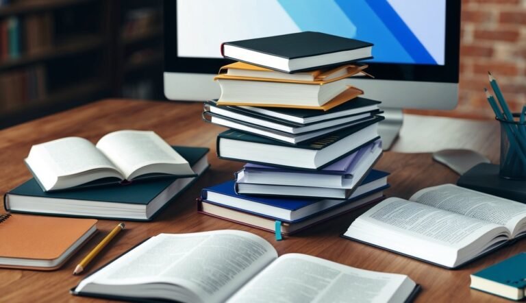 Stack of books, open books, and computer on a wooden desk
